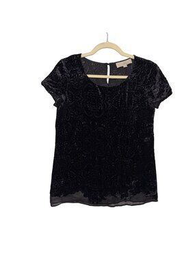 Loft Black Velvet Burnout Short Sleeve Top XS
